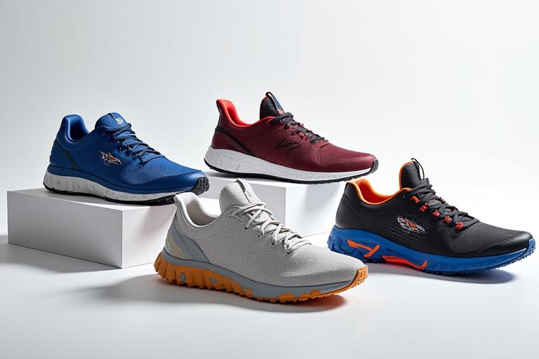 Gros plan sur plusieurs chaussures de sport technologiques pour différentes disciplines.