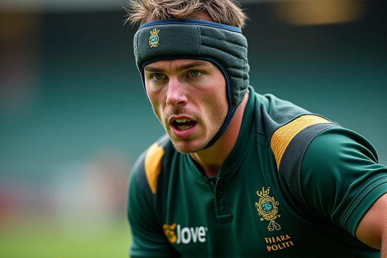 Joueur de rugby portant un casque de protection et des protège-épaules Élan Sportif.