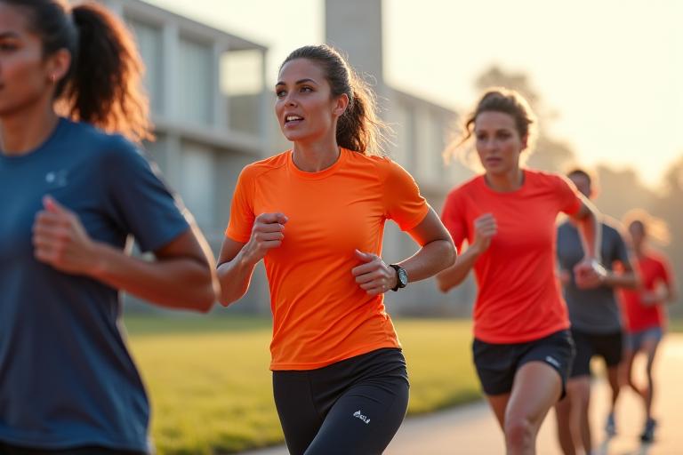 Plusieurs athlètes portant des vêtements de sport haute performance Élan Sportif, courant et s'entraînant.