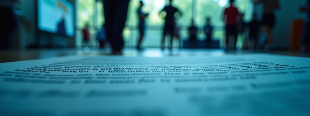Vue abstraite d'un document légal avec des icônes de sport et une ambiance sérieuse et fiable.